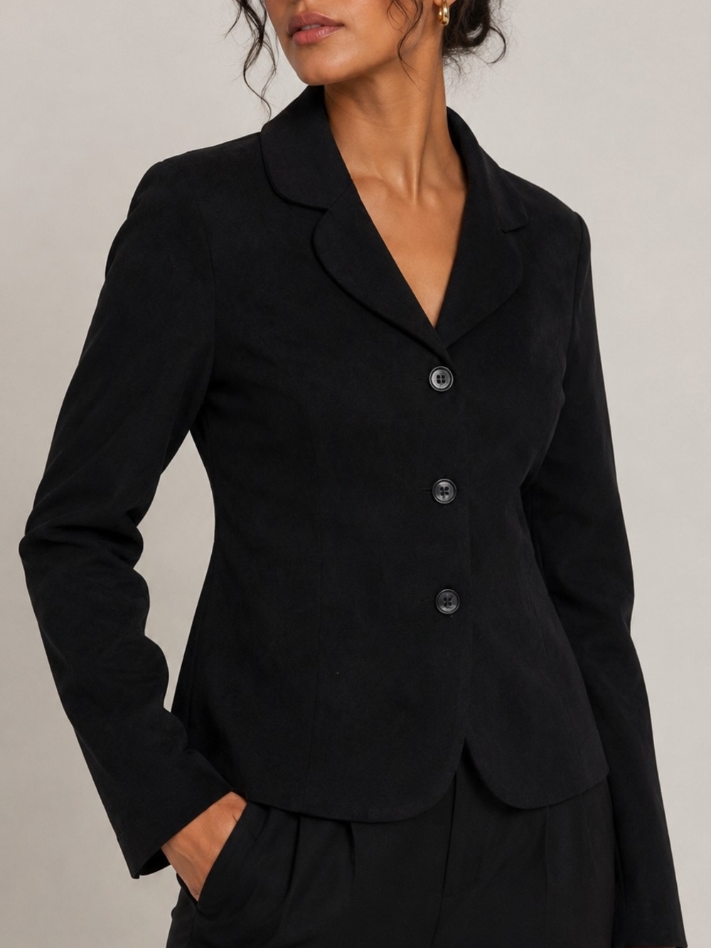 Women’s Black Suede Tailored Rounded Collar Button-Front Jacket